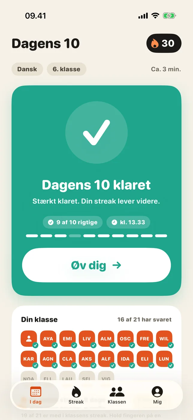 Dagens 10 klaret: 9 af 10 rigtige, 30 dage i træk og klassens status