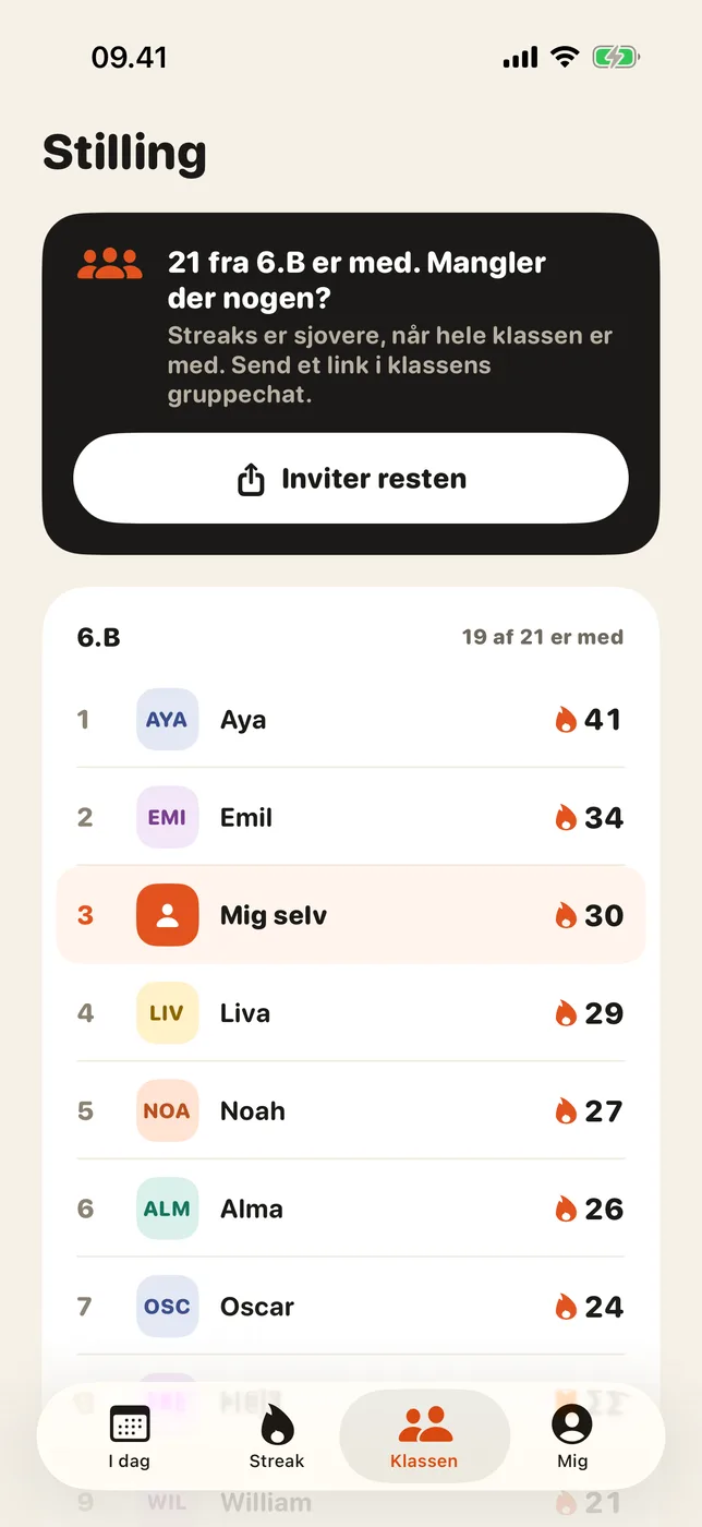 Stillingen i klassen med længste streak øverst