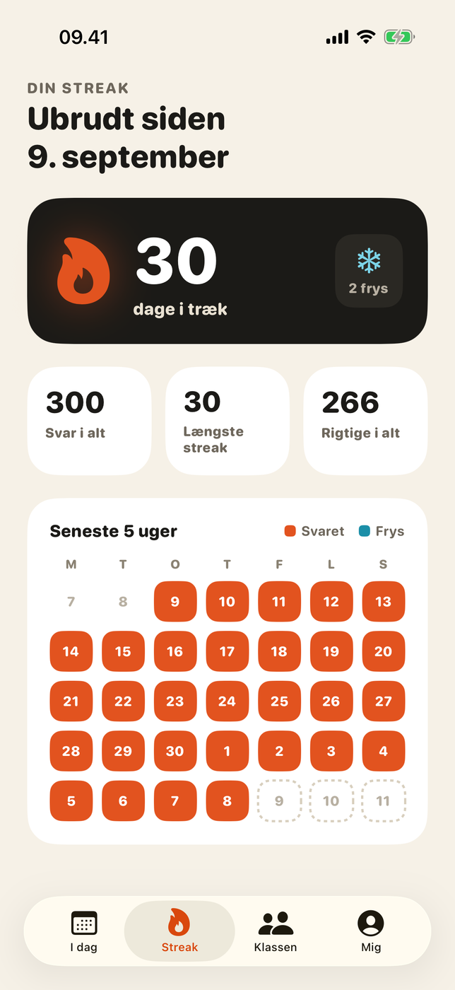 Streak-skærmen med 30 dage i træk og en kalender over de seneste uger