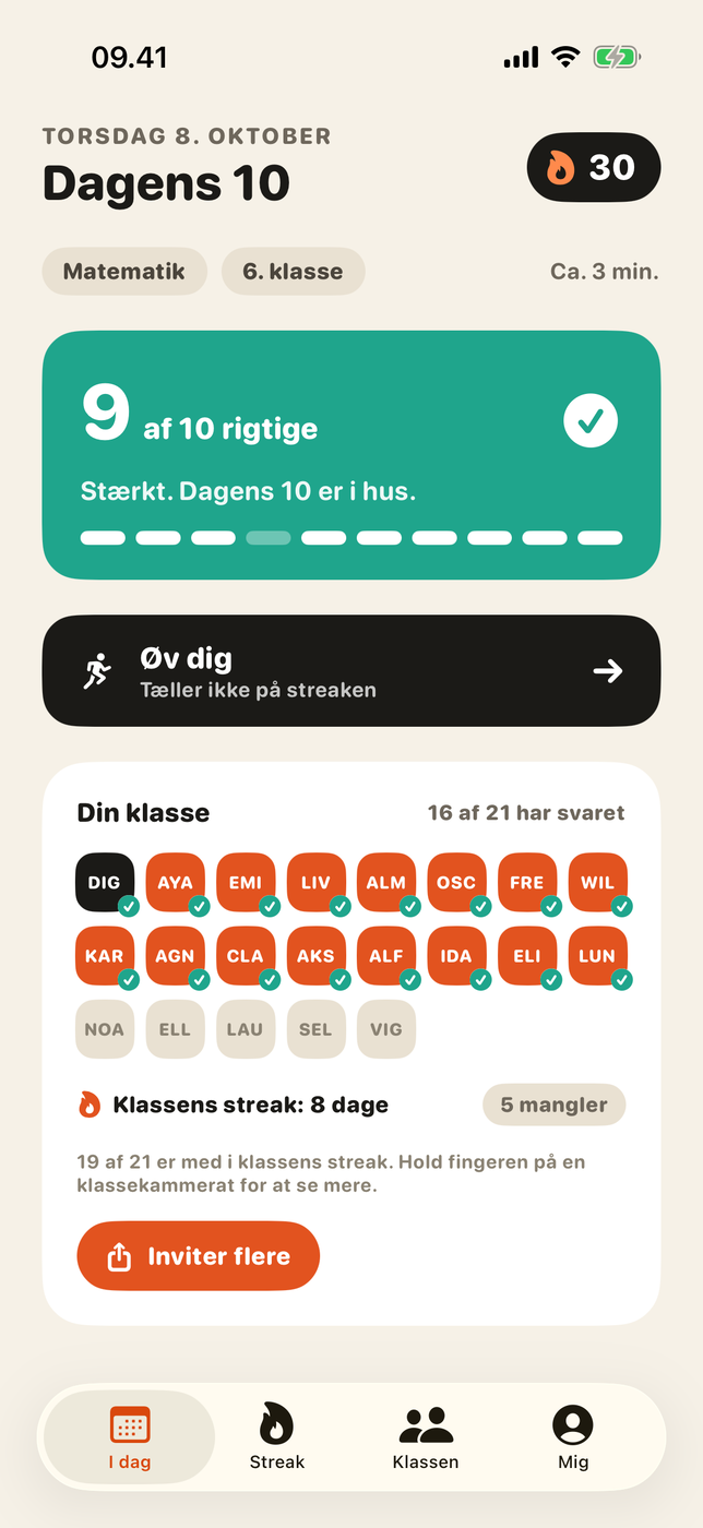 Dagens resultat: 9 af 10 rigtige, 30 dage i træk og klassens status